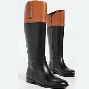 Tory Burch Double T Riding Boot Wide Calf Two-Tone Black and Bourbon